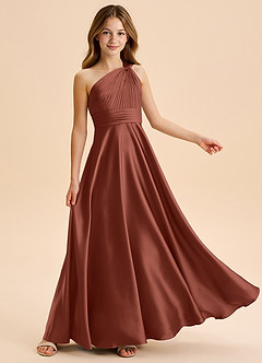 Azazie Charlize Junior Abito A-Line in Raso Elasticizzato Plissettato Auburn image5