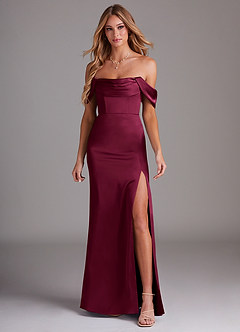 Azazie Saige Bridesmaid Dresses Burgundy Sheath Off the Shoulder Stretch Satin Dress image3