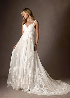 Azazie Delaina Wedding Dresses Diamond White Champagne A-Line V-Neck Sequins Tulle Dress image2