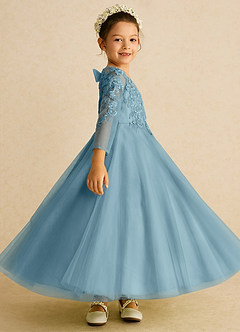 Azazie Precious Flower Girl Dresses Moody Blue A-Line Lace Tulle Dress image3