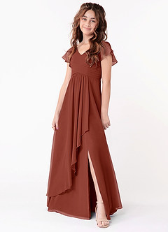 Azazie Omari Junior Abito A-Line in Chiffon Increspato Auburn image1
