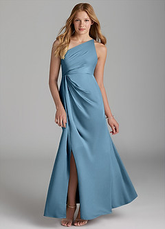 Azazie Mika Junior Robe Trapèze en Satin extensible Plissée Acier Bleuté image1