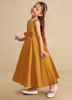 Azazie Lindy Flower Girl Dresses Butterscotch A-Line Pleated Matte Satin Dress image9