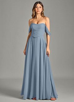 Azazie Chelsey Vestidos de damas de honor Vestido de Azul Polvoriento de Gasa de Corte en A Convertible con Vestidos sin tirantes image6