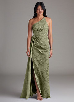 Azazie Mika Bridesmaid Dresses Pistachio Sheath One Shoulder Floral Burnout Dress image1