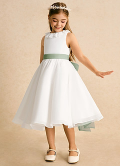 Azazie Dani Flower Girl Dresses Ivory Dusty Sage A-Line Bow Chiffon Dress image1