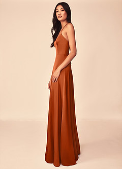 Azazie Mei Bridesmaid Dresses Burnt Orange A-Line V-Neck Stretch Satin Dress image6