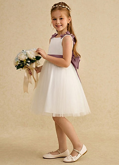 Azazie Lona Jurken voor bloemenmeisjes A-Lijn Jurk van Mat Satijn Boog Ivoor Stoffige Roos image4