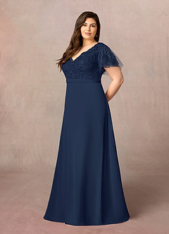 Azazie Singer Mother of the Bride Dresses Dark Navy A-Line V-Neck Lace Chiffon Dress image8