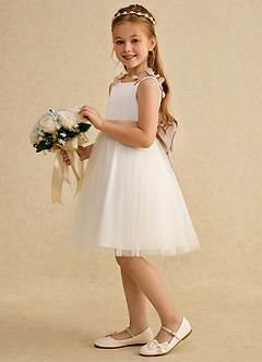 Azazie Lona Abiti da Ragazza di Fiori Abito A-Line in Raso Opaco Fiocco Avorio Rosa Inglese image4