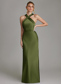 Azazie June Bridesmaid Dresses Olive Sheath Stretch Satin Dress image3