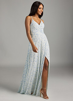 Azazie Davis Bridesmaid Dresses Blue And White Ditsy Floral A-Line V-Neck Chiffon Dress image4