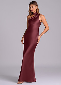 Azazie Seona Robes de demoiselle d'honneur Robe Sirène en Satin extensible Une épaule Merlot image6