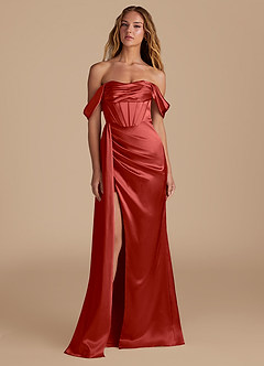 Azazie Amyra Bridesmaid Dresses Rust Mermaid Sweetheart Neckline Metallic Satin Convertible Dress image4