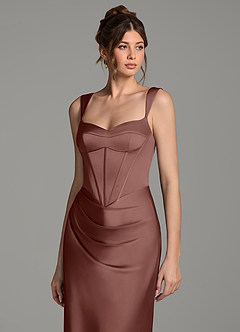 Azazie Mela At-home Try On Dresses Dusty Rose Sheath Corset Stretch Satin Dress image2