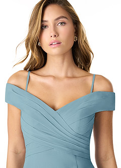Azazie Lecia Bridesmaid Dresses Moody Blue Empire Off-The-Shoulder Pleated Chiffon Convertible Dress image2