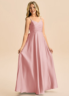 Azazie Rumi Junior Powder Pink A-Line Pleated Stretch Satin Dress image5
