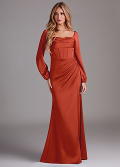 Azazie Charissa Bridesmaid Dresses Rust Sheath Long Sleeve Stretch Satin Dress image3