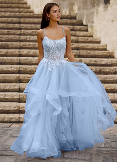 open lace back dress Dressime Woman's Vintage Light Blue Prom Dress A Line Sweetheart Corset  Ruffled Tiered Long Evening Dress With Appliques – dressime main image 1