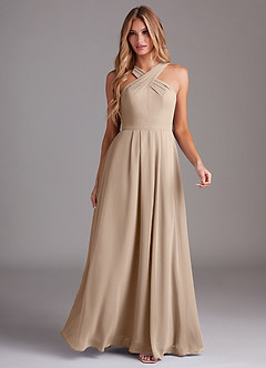 Azazie Dixie Bridesmaid Dresses Taupe A-Line Halter Pleated Chiffon Dress image3