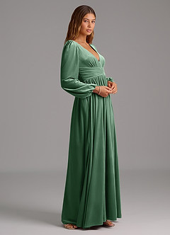 Azazie Norah Bridesmaid Dresses Eucalyptus A-Line Long Sleeve Velvet Dress image4
