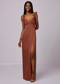 Barbie ♥ Azazie Robes de demoiselle d'honneur Robe Fourreau en Satin extensible Auburn image4