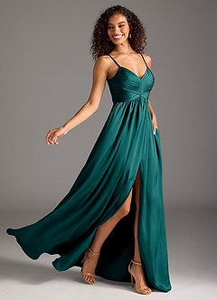 Azazie Alia Robes de demoiselle d'honneur Robe Trapèze en Satin extensible Plissée Paon image2