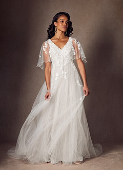 Azazie Renesmee Vestidos de novia Vestido de Diamante Blanco de Tul de Corte en A con Lentejuela image3