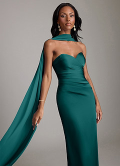 Azazie Sonora Vestidos de damas de honor Vestido de Pavo Real de Satén Elástico de Corte Recto con Sin tirantes image4