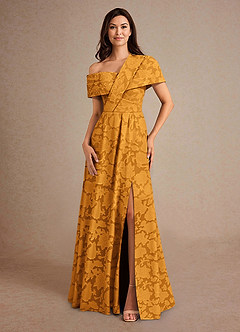 Azazie Milton Mother of the Bride Dresses Butterscotch A-Line Pleated Floral Burnout Dress image4