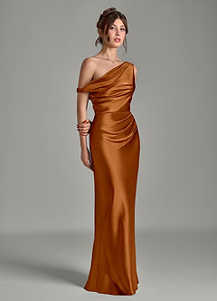 Azazie Emerson Bridesmaid Dresses Copper Mermaid Off the Shoulder Metallic Satin Dress image5