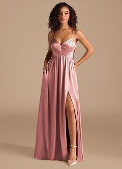 Azazie Alia Bridesmaid Dresses Dusty Rose A-Line Pleated Metallic Satin Dress image1