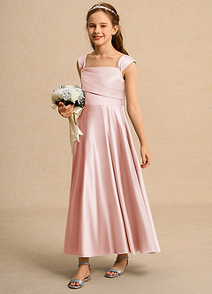 Azazie Bundle Girls Formal Flower Girl Dresses Blushing Pink A-Line Pleated Matte Satin Dress image5