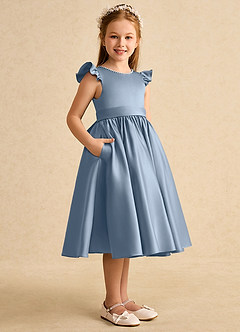 Azazie Dumpling Flower Girl Dresses Dusty Blue A-Line Bow Matte Satin Dress image3
