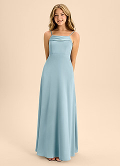 Azazie Anselie Junior Moody Blue A-Line Off the Shoulder Stretch Satin Dress image4