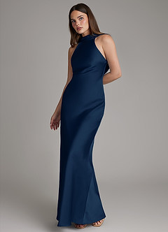 Azazie Dimitra Bridesmaid Dresses Dark Navy A-Line Pleated Stretch Satin Dress image6