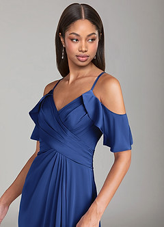 Azazie Dakota Bridesmaid Dresses Royal Blue A-Line Off the Shoulder Stretch Satin Dress image5
