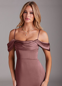 Azazie Saige Bridesmaid Dresses Vintage Mauve Sheath Off the Shoulder Stretch Satin Dress image2