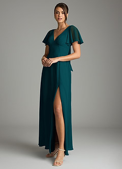 Azazie Kimber Bridesmaid Dresses Pine A-Line Flounce Sleeve Chiffon Dress image4