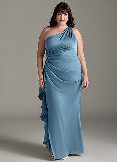 Azazie Latrice Bridesmaid Dresses Steel Blue Sheath One Shoulder Cascading Ruffles Stretch Satin Dress image6