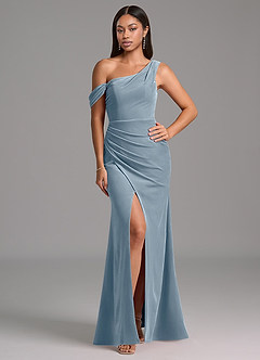 Azazie Madelyn Bridesmaid Dresses Dusty Blue Sheath One Shoulder Velvet Dress image1