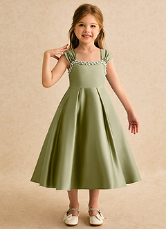 Azazie Yosemite Blumenmädchenkleider Ballkleid Herzausschnitt Matte Satin Kleid Moosgrün image1