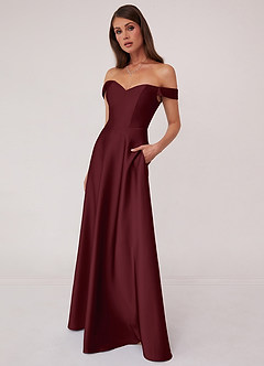 Barbie ♥ Azazie Robes de demoiselle d'honneur Robe Trapèze Convertible en Satin extensible Épaule décolletée Cabernet image3