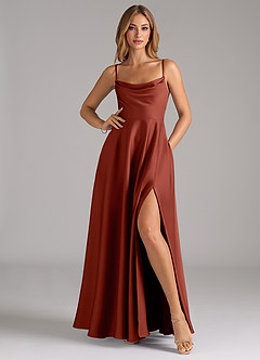 Azazie Elle Brautjungfernkleider A-Linie Plissee Stretch-Satin Kleid Terrakotta image3