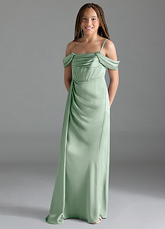 Azazie Amyra Junior Agave Sheath Off the Shoulder Stretch Satin Dress image4