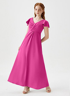 Azazie Soren Junior Fuchsia A-Line Ruched Stretch Satin Dress image5