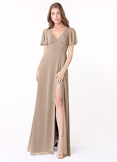 Azazie Kimber Bridesmaid Dresses Taupe A-Line Flounce Sleeve Chiffon Dress image4