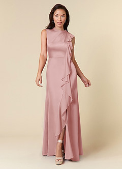 Azazie Narine Mother of the Bride Dresses Powder Pink A-Line High Neckline Pleated Stretch Satin Dress image3