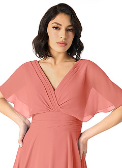 Azazie Pamela Bridesmaid Dresses Salmon Pink A-Line V-Neck Pleated Chiffon Dress image4
