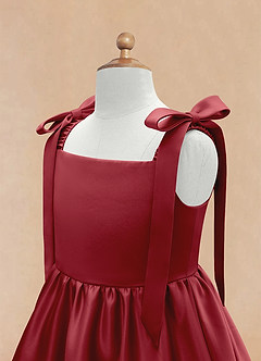 Azazie Chelsie Flower Girl Dresses Pomegranate A-Line Bow Matte Satin Dress image8